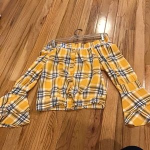 yellow plaid off the shoulder shirt